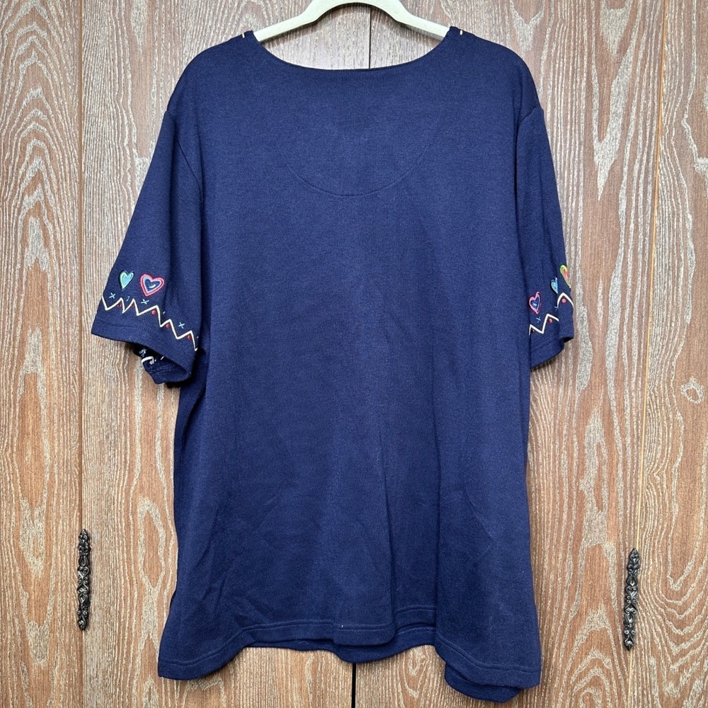 Vtg Grandma Core V-Neck Short Sleeve T-Shirt Women's 2X Hearts Floral Embroidery - Picture 4 of 5